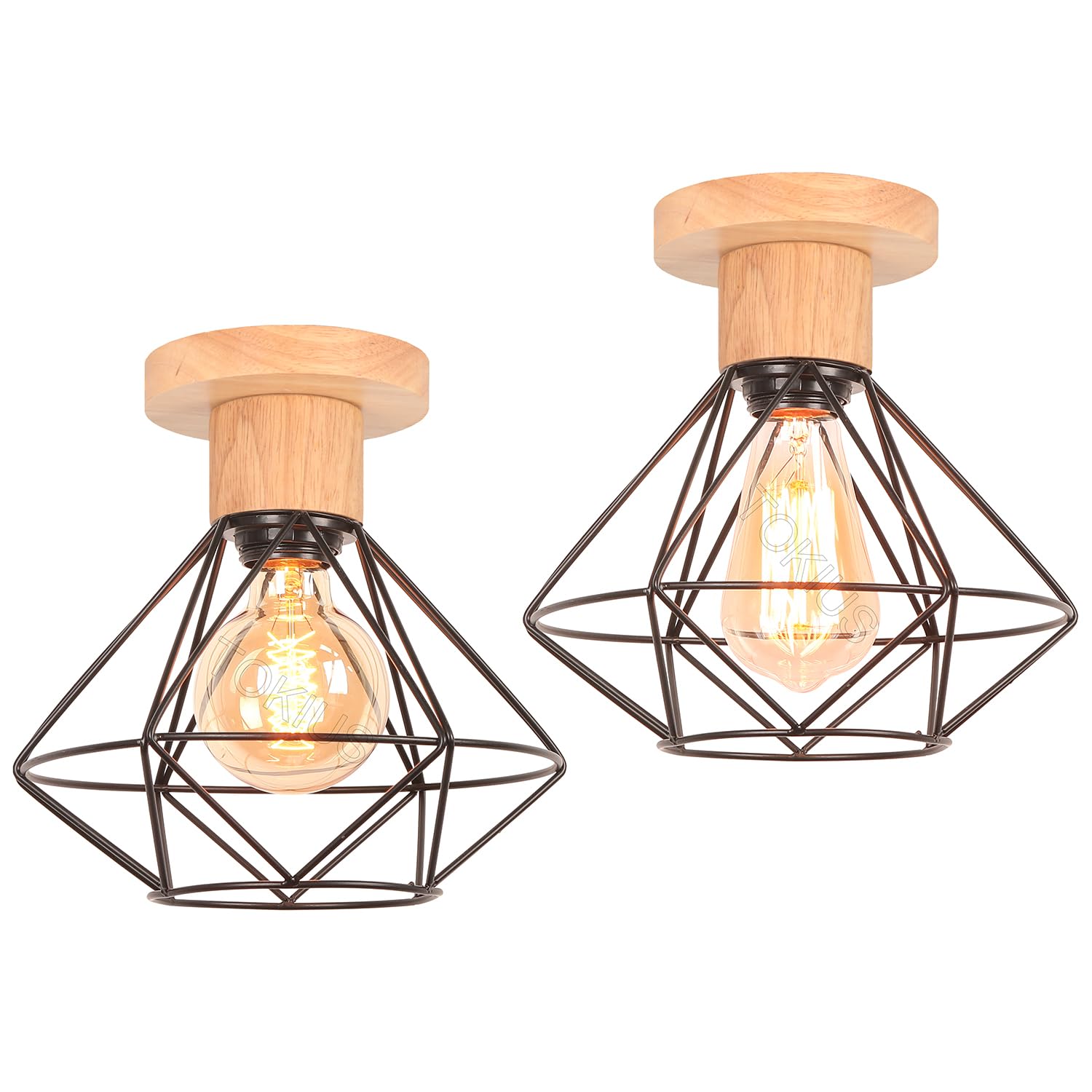 Lámparas de Techo Vintage 22CM Retro Lámpara Colgante Diseño de Jaula Negro Iluminación de Techo en Madera y Hierro E27 Luz Colgante de Interior para Pasillo Salón Cocina (Plafón, 2 Piezas)
