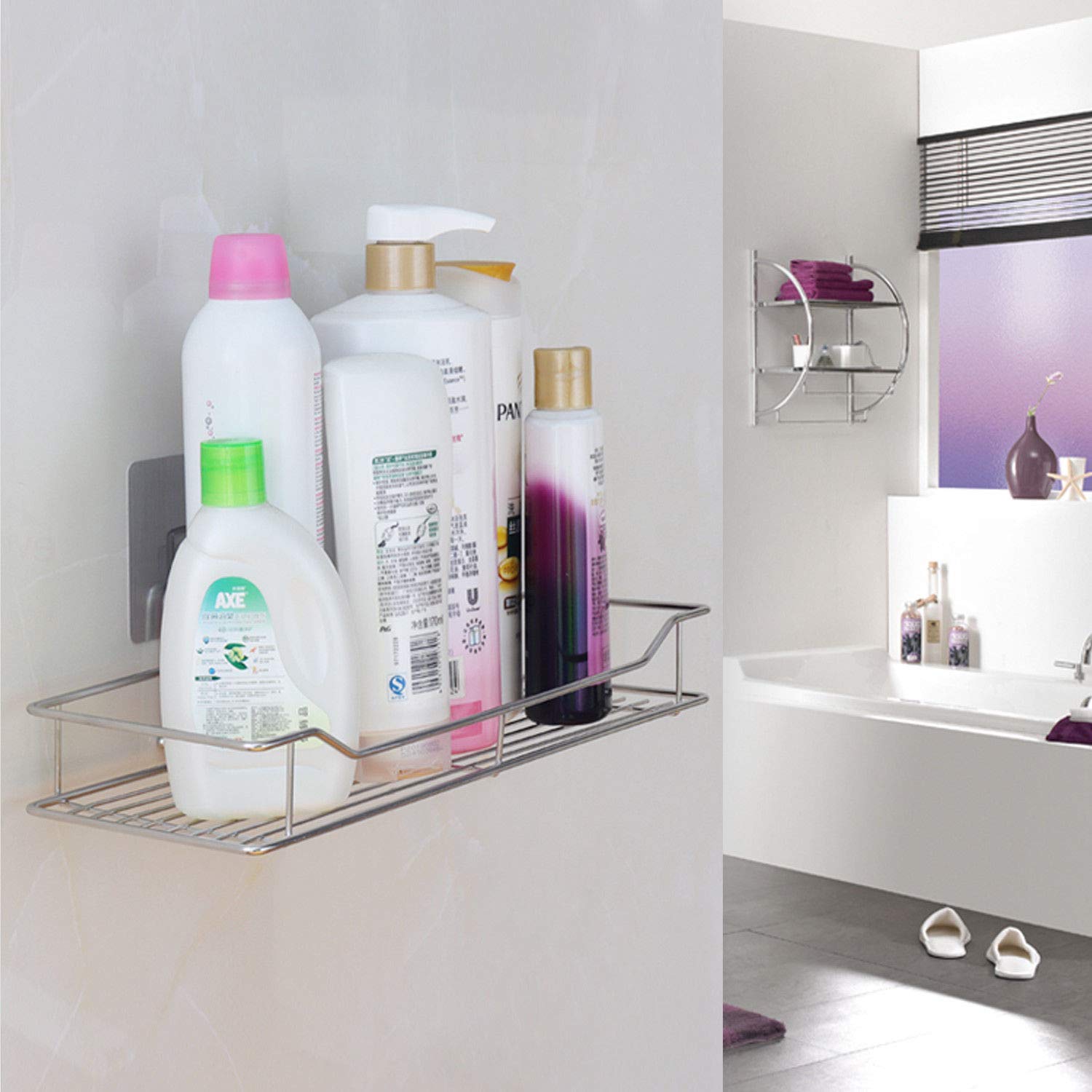 LUVINA Adhesive Paper Towel Holder with Shelf Storage, Wall Basket for Kitchen & Bathroom Accessories, Stainless Steel, Rustproof No Drilling 4