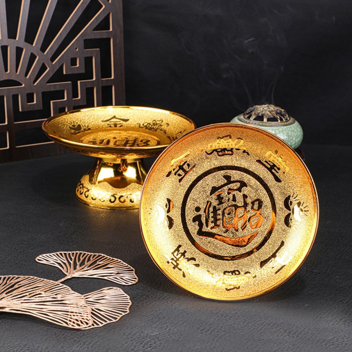 Golden Offering Plates Aging Resistant and Not Easy to Fade with High Foot Stand 2pcs Pp Material Tribute Dish Decorative Fruit Snack for Religious Ceremonies and Table Ornament