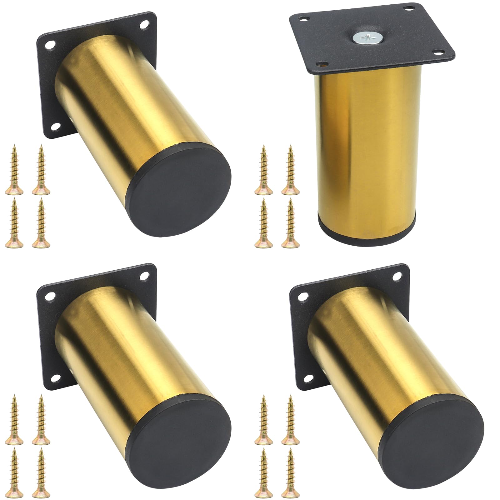 LHNNDM 3.9 inch/10cm Furniture legs, round metal Cabinet legs, Stainless Steel sofa feet with mounting screws for Bed, Nightstand, cabinet, office workbench (Gold, 10cm)