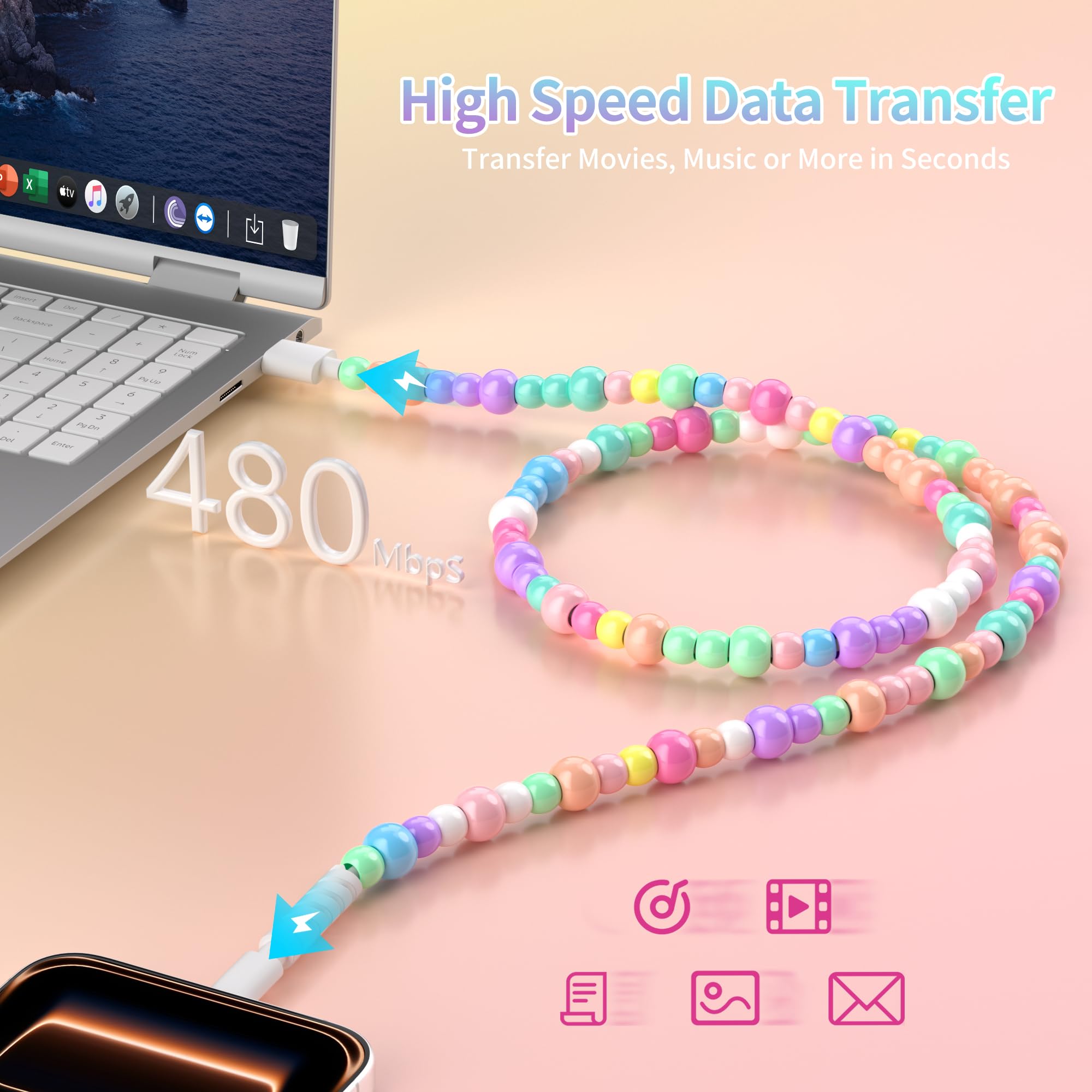 WESADN USB A per iPhone Cavo di Ricarica Carino Perline di Colore Della Caramella Cavo di Ricarica Veloce MFi Certificato 3.3FT Cavo di Ricarica Del Telefono 66W USB A Cavi di Caricatore Ragazze Donne