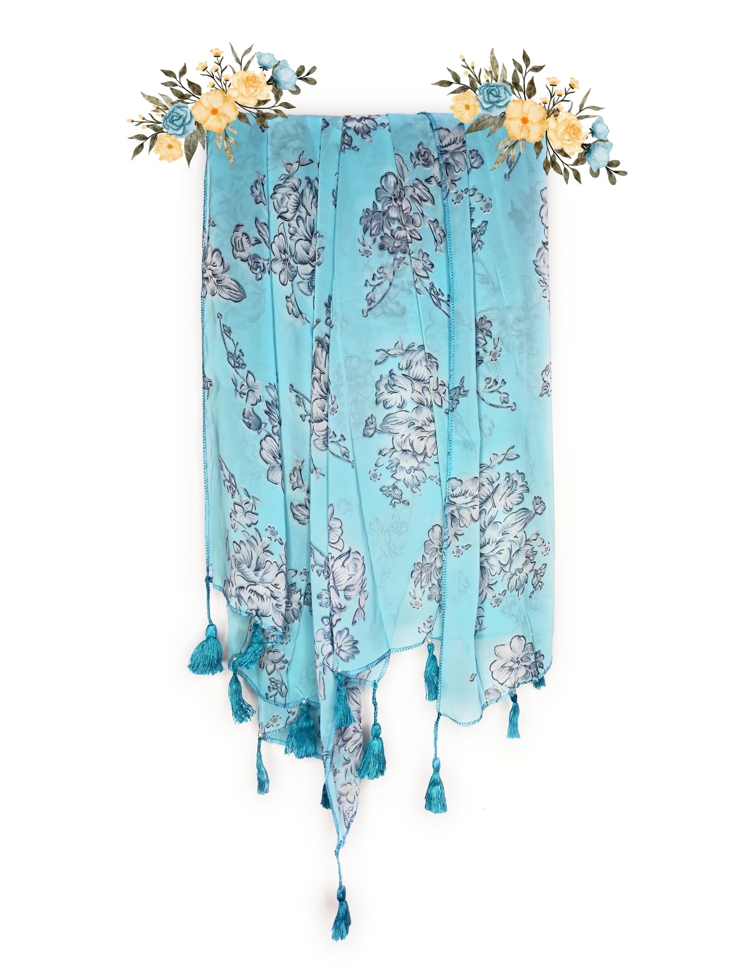 Fashion Floral Printed Scarf | Neck Shoulder Head Wrap Styling Dupatta Use | Polyester Chiffon Fabric Tassel Border Lightweight Soft Texture Floral Pattern Women-image-20