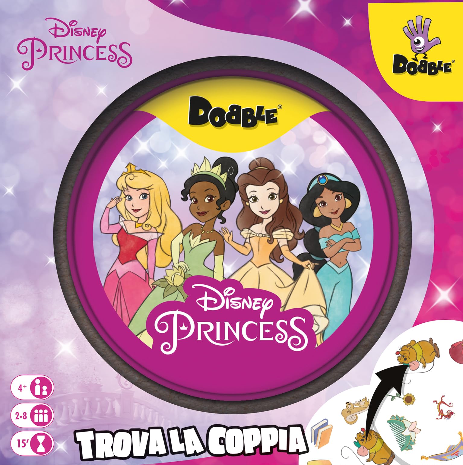 Asmodee - Dobble: Disney Princess - Divertente Gioco da Tavolo per Tutta la Famiglia con le Principesse Disney, 2-8 Giocatori, 4+ Anni, Edizione in Italiano