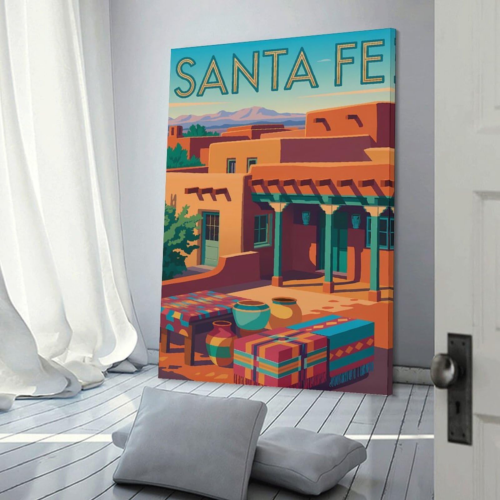 Junmoney Santa Fe Southwestern Art Canvas Art Print, 24x36inch(60x90cm), for Restful Interiors, Bedrooms Or Small Rooms, A Warm Accent for Relaxed Interiors