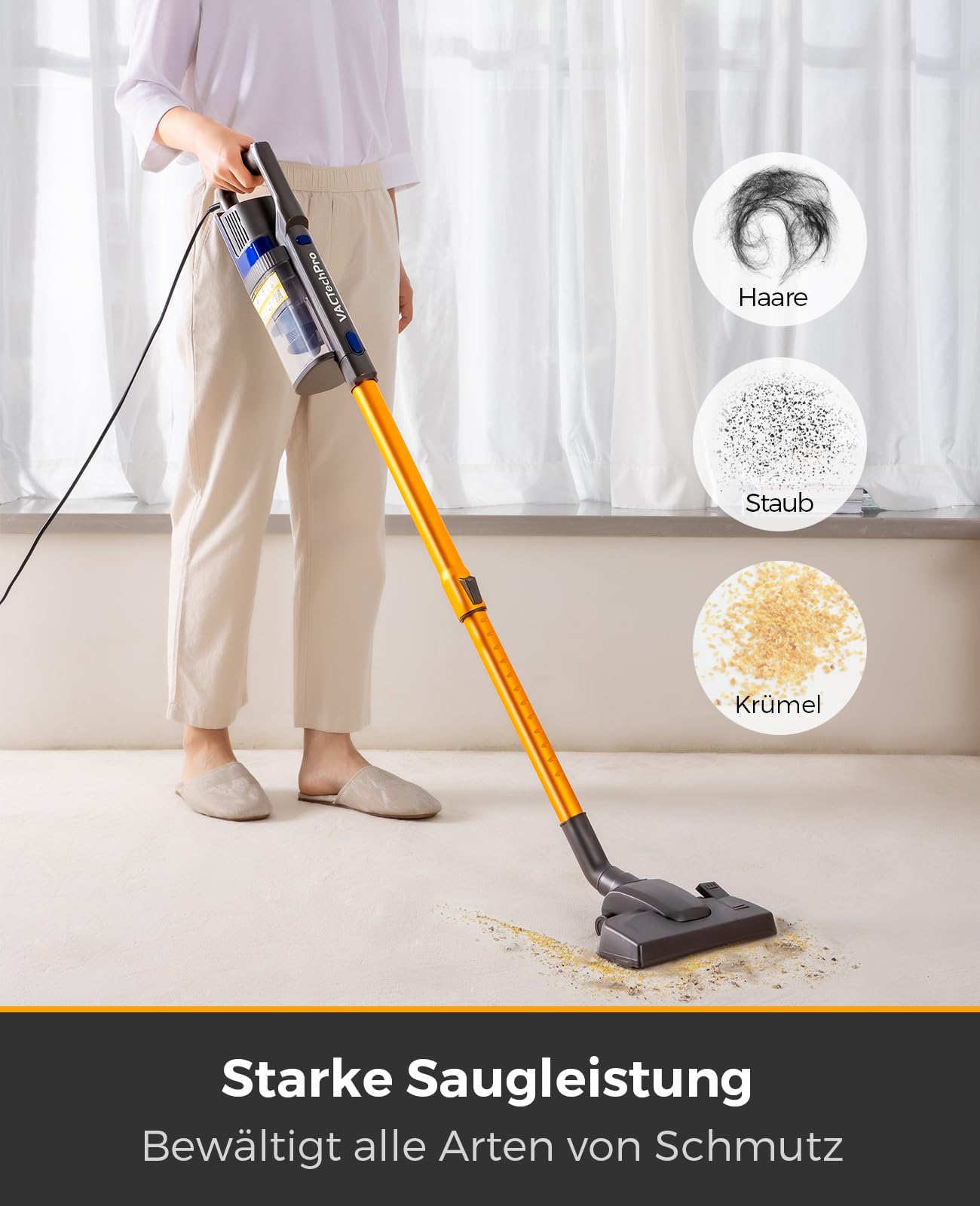 VACTechPro 60KPa/680W/7M Staubsauger, Staubsauger mit Kabel | Mit 800ML Staubbehälter,Stielstaubsauger mit Kabel und ergonomischem Doppelgriff,speziell für Hartböden