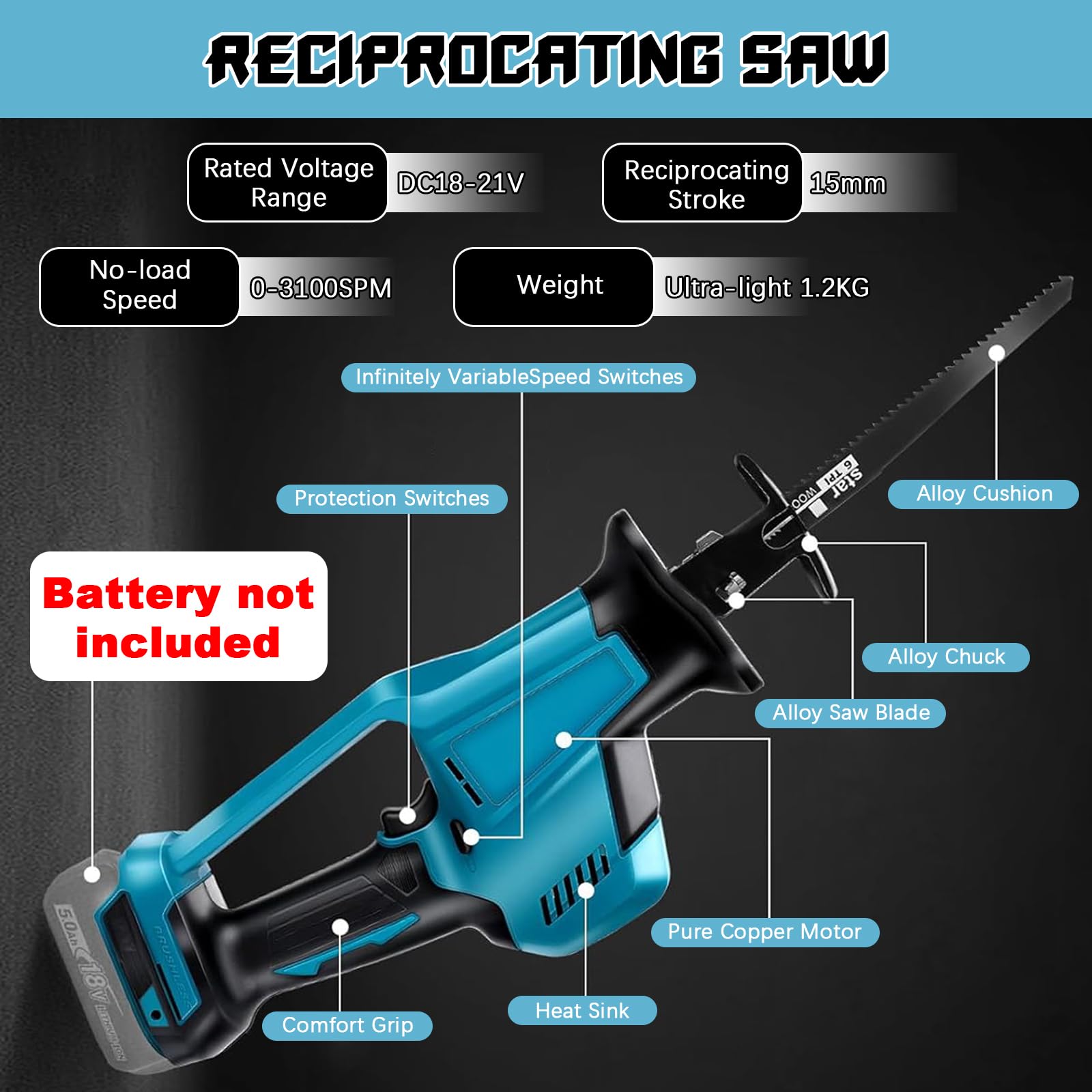 Scie Sabre Sans Fil Compatible Batterie Makita 18V - 3500 Tr/min - 4 Lames Incluses - Pour Bois/métal/PVC