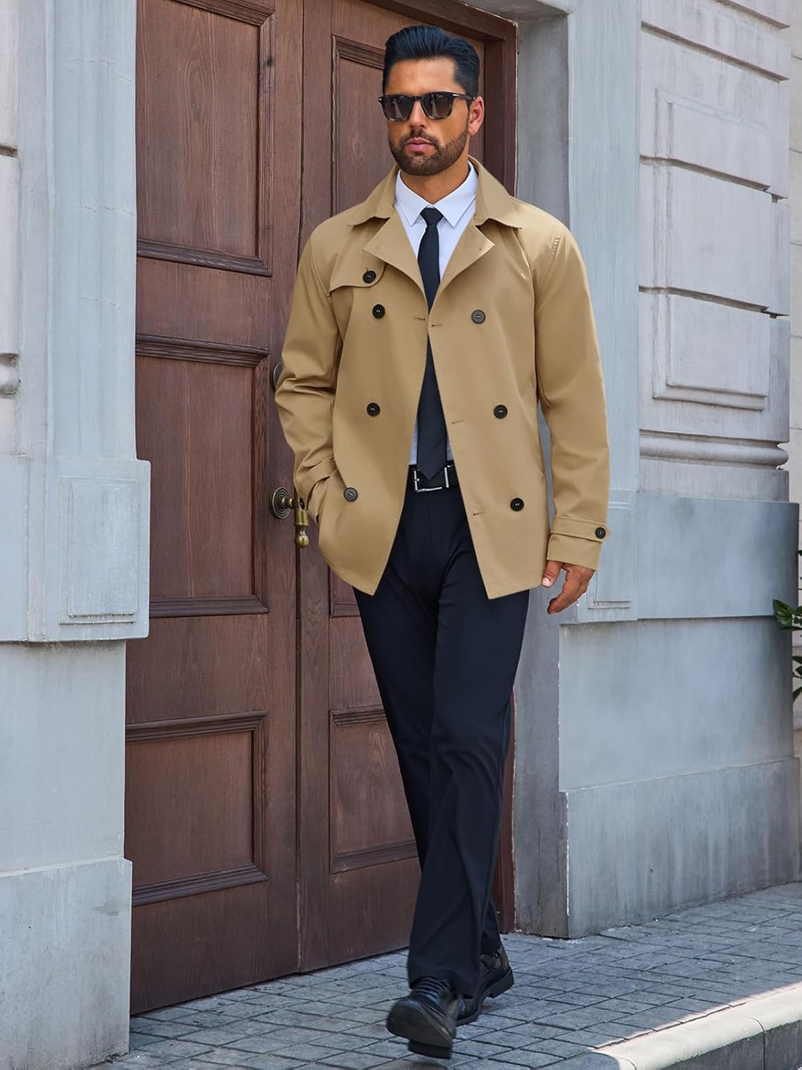 Runcati Mens Trench Coat Double Breasted Notched Lapel Jacket Casual Belted Windbreaker Overcoat - Image 5