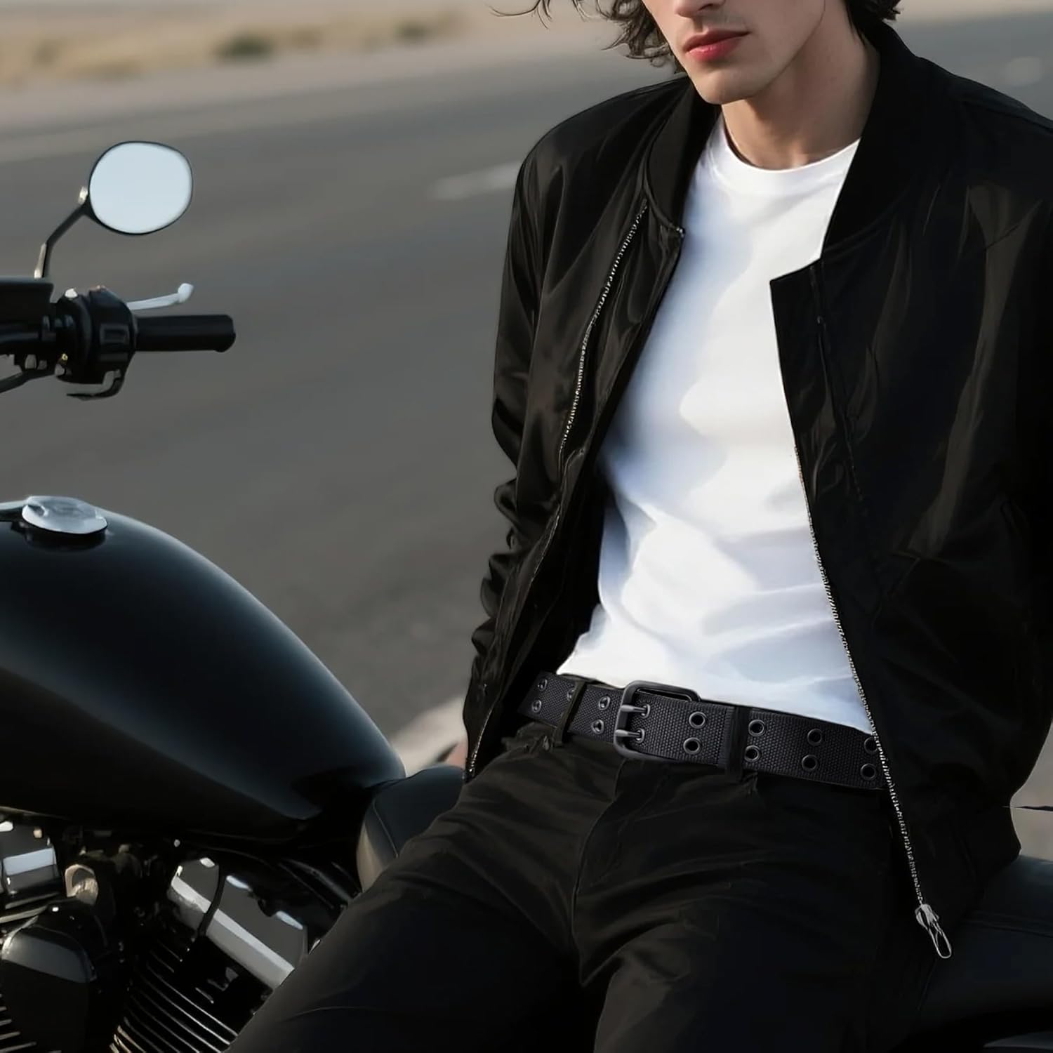 Men's Double Prong Belt 39'' to 71'' Big and Tall Men Nylon Black Grommet Belts - Image 6