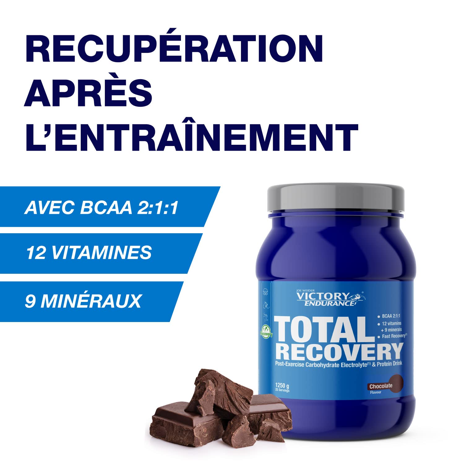 Victory Endurance Total Recovery - Optimise la Récupération Post-Entraînement – Avec Glutamine – BCAAs - Enrichie en Vitamines et Electrolytes – Goût Chocolat – 1250g