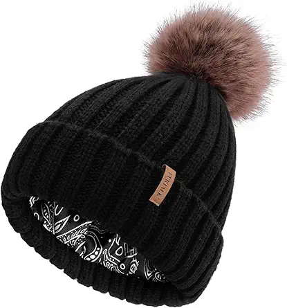 Womens Winter Beanie Hat Satin Lined Faux Fur Pom Pom Beanies Hat for Women Winter Warm Knit Hats