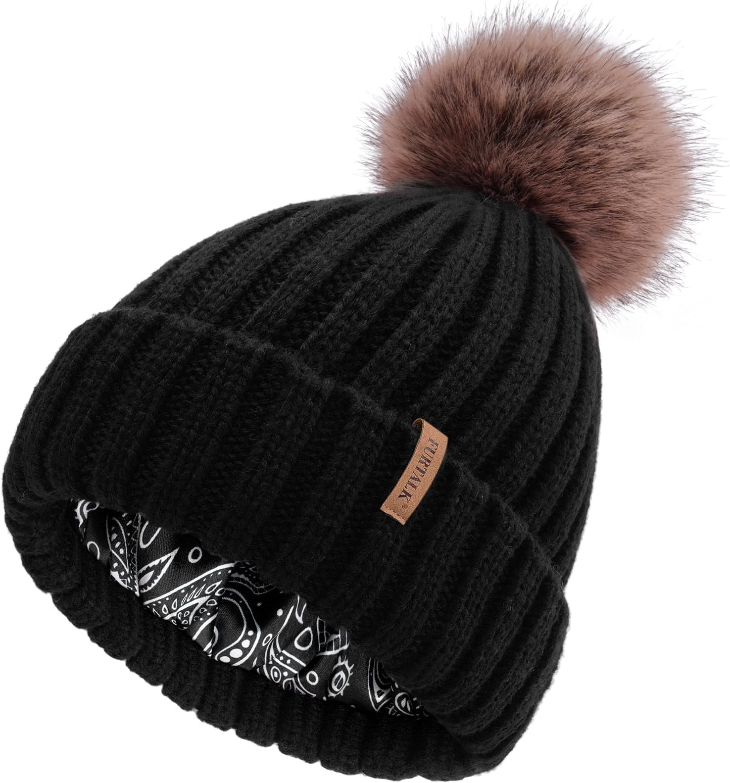 Womens Winter Beanie Hat Satin Lined Faux Fur Pom Pom Beanies Hat for Women Winter Warm Knit Hats