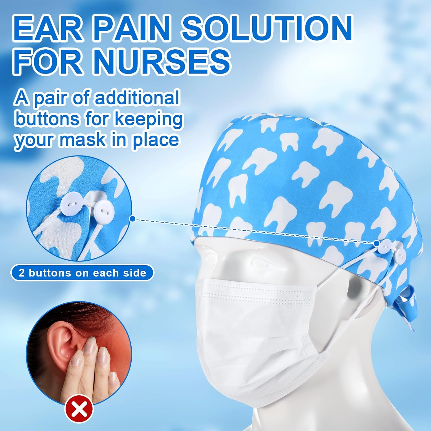 Unittype 4 Pcs Nurse Caps for Women Nursing Working Caps with Button and Sweatband Adjustable Elastic Scrub Hats for Dentist - Image 4