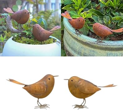 2Pcs Small Metal Bird Statues 5.7" Handcrafted Iron Garden Birds with Weathered Finish, Outdoor/Indoor Figurines for Fence Post, Planter, Patio, Sunroom Pair Set