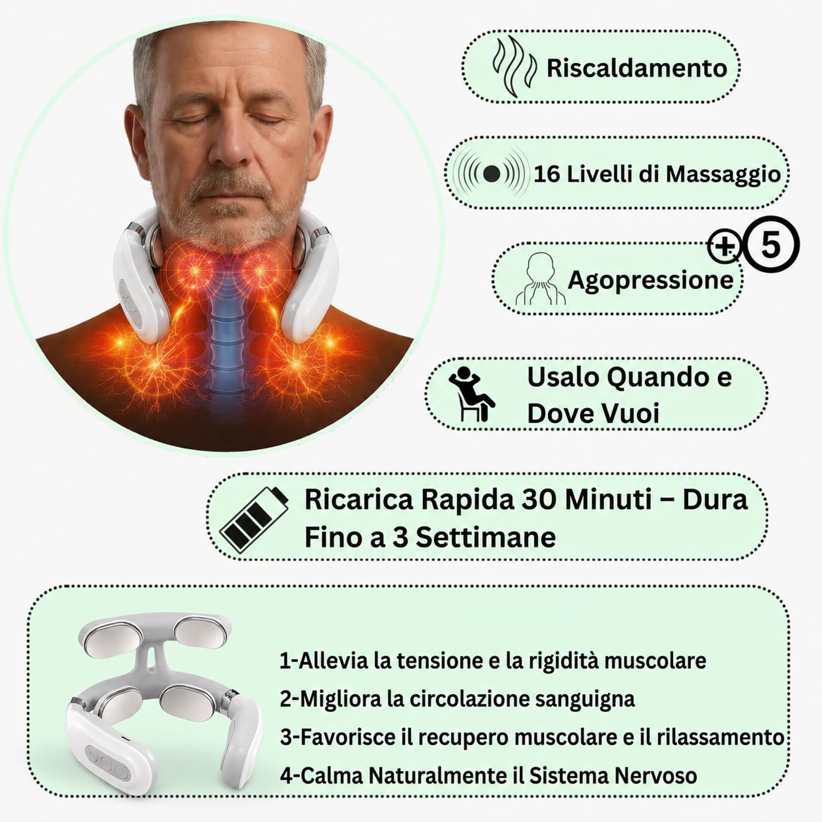 Vertaline Cervirest Massaggiatore, Cervirest Vertaline Nervo Vago, 9 Livelli Di Regolazione Della Velocità, Braccioli Regolabili Automaticamente, Massaggio Per Spalle E Collo A Quattro Testine