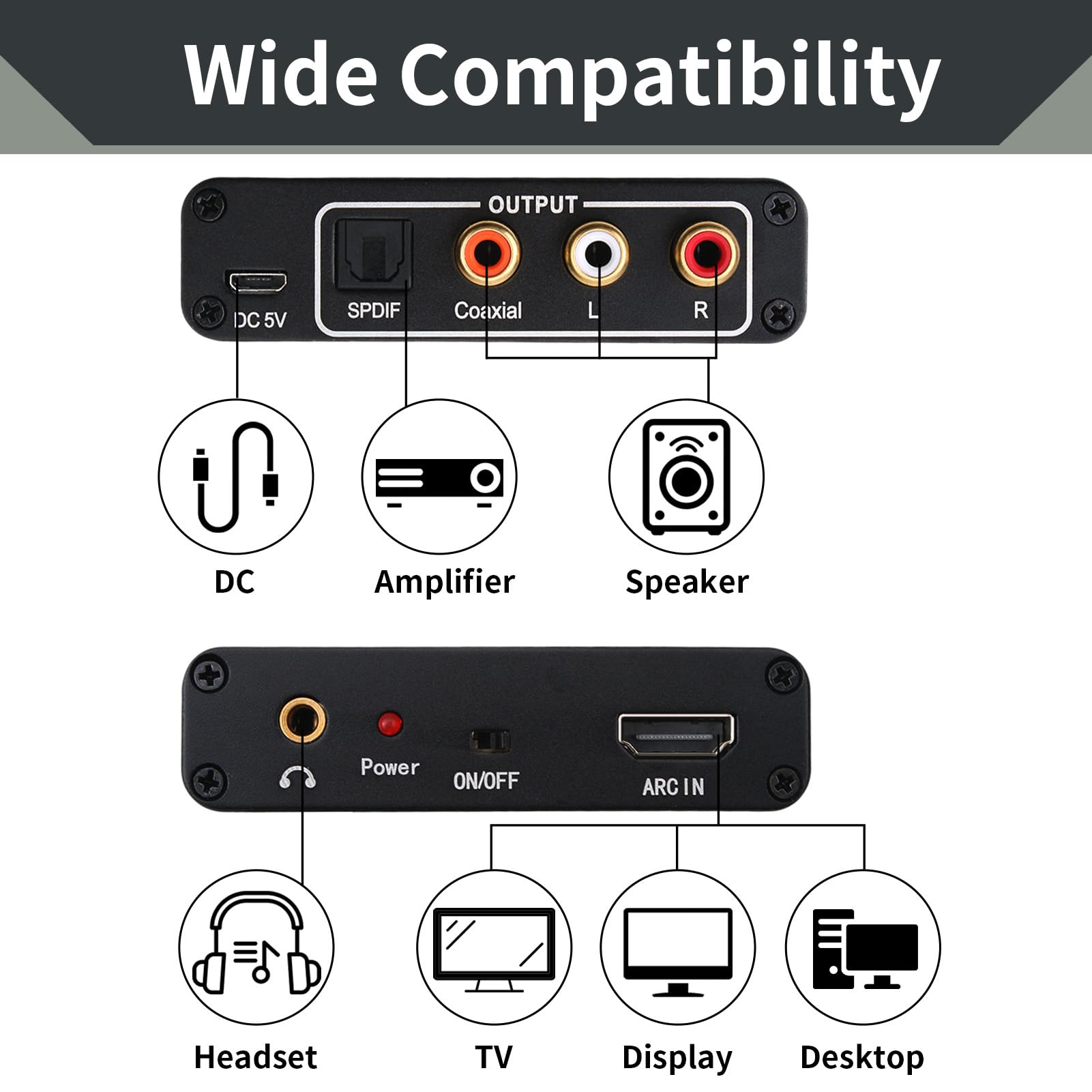 HDMI Audio Extractor 192 KHz Convertisseur DAC HDMI ARC Audio Extracteur vers Optical Toslink SPDIF Coaxial Stéréo Aux RCA L/R 3,5 mm Jack pour TV Casque Soundbar Home Cinéma
