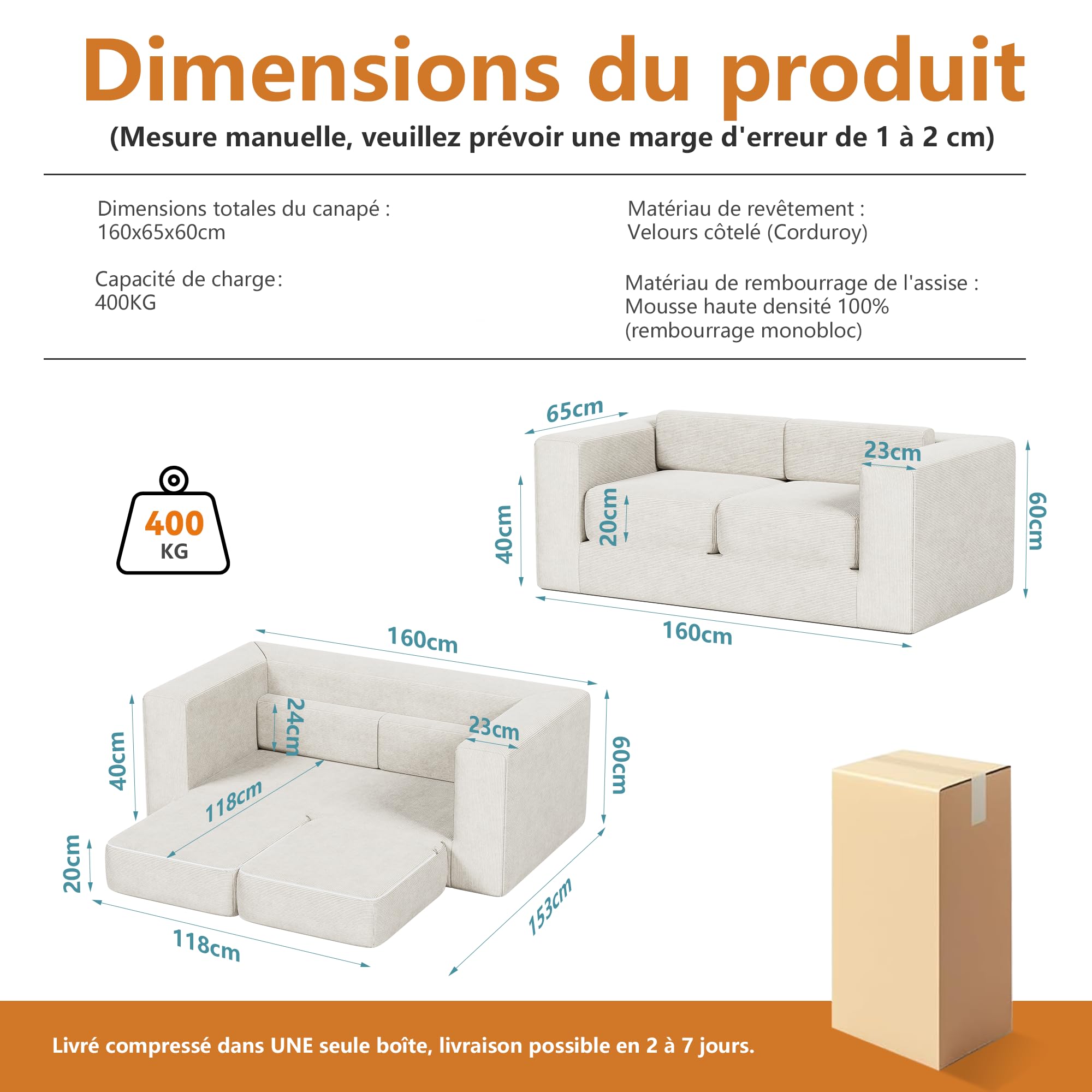 Canapé Convertible 2 Places avec Mousse Haute Densité, Canapé Lit Multifonctionnel avec 2 Coussins, sans Assemblage, Silencieux pour Salon & Chambre d'Invités
