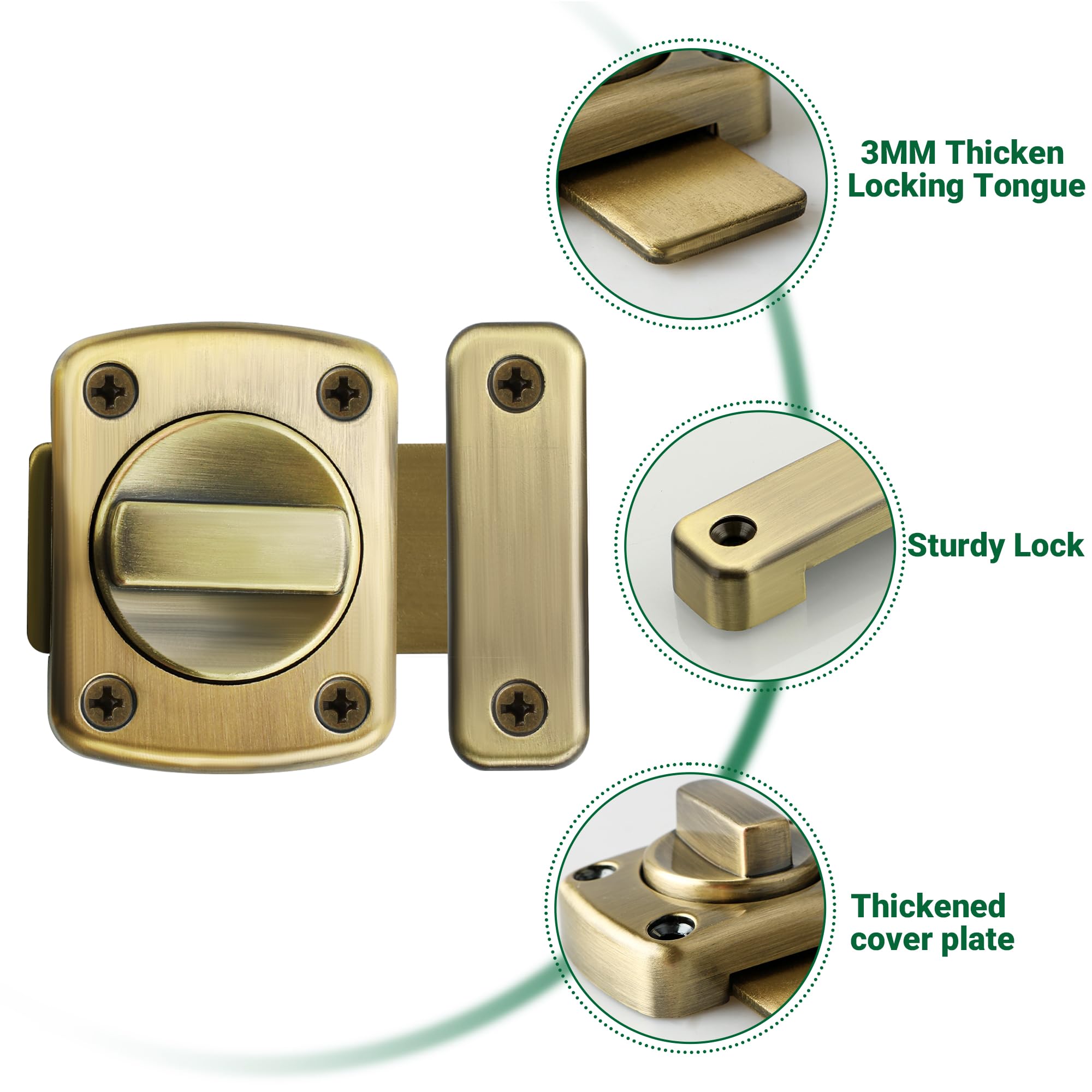 SAYAYO Bathroom Latch Rotate Bolt Gate Latch Door Lock Double-Sided Rotating Bolt with Fixed Screw Antique Bronze Finish, 65x70MM - Image 3