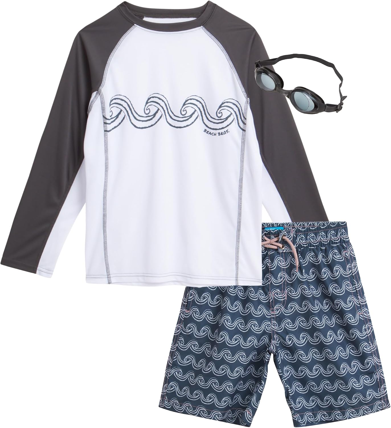 Beach Bros. Boys Rash Guard Set - 3 Piece UPF 50+ Long Sleeve Swim Shirt Swimming Trunks & Goggles - Swimwear for Boys