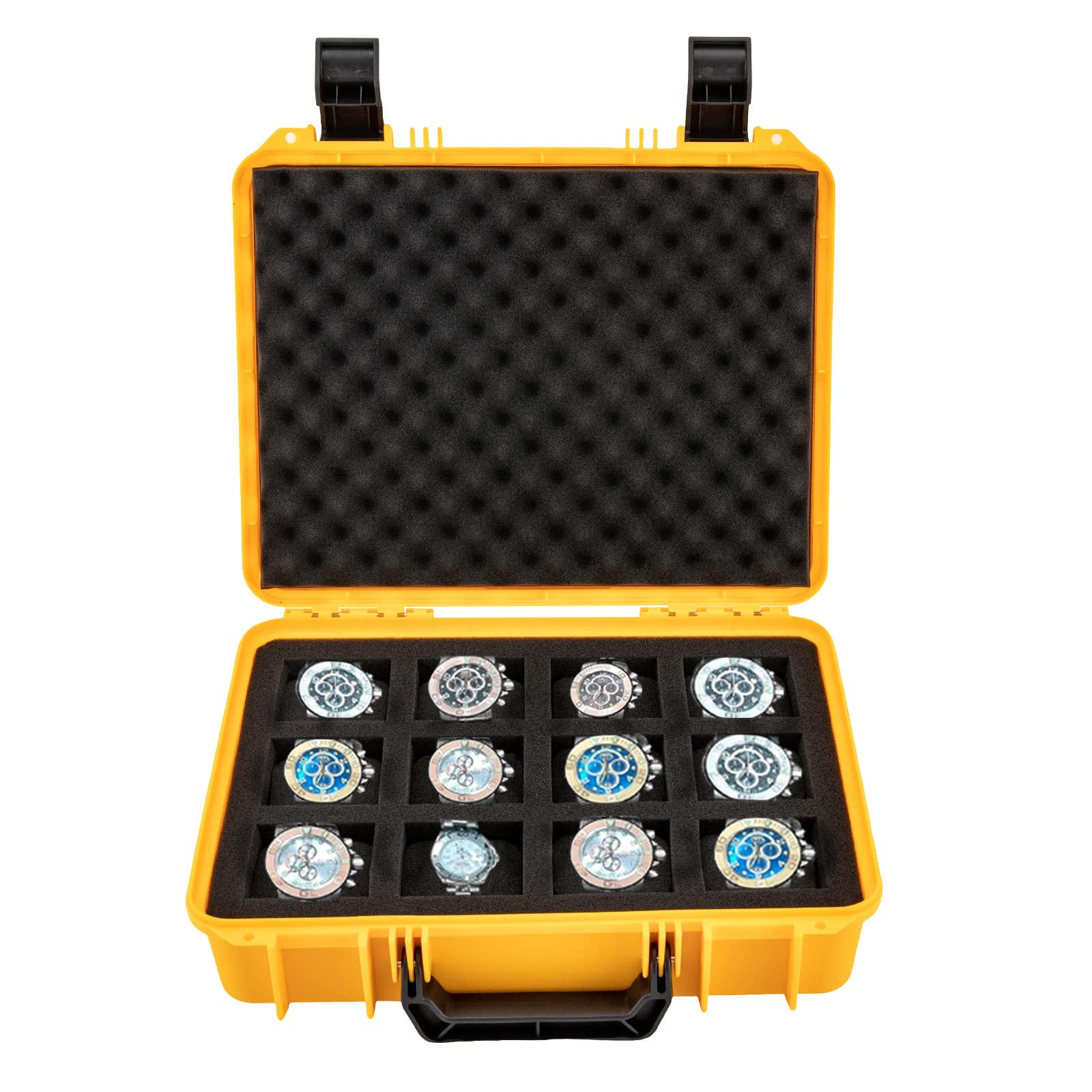 HVMBEUGOS 12 Slots Watch Travel Case, PP+Sponge Ultimate Protection Waterproof Shockproof Travel Watch Case Box Fits All Wristwatches & Smart Watches up to 50mm (Yellow)