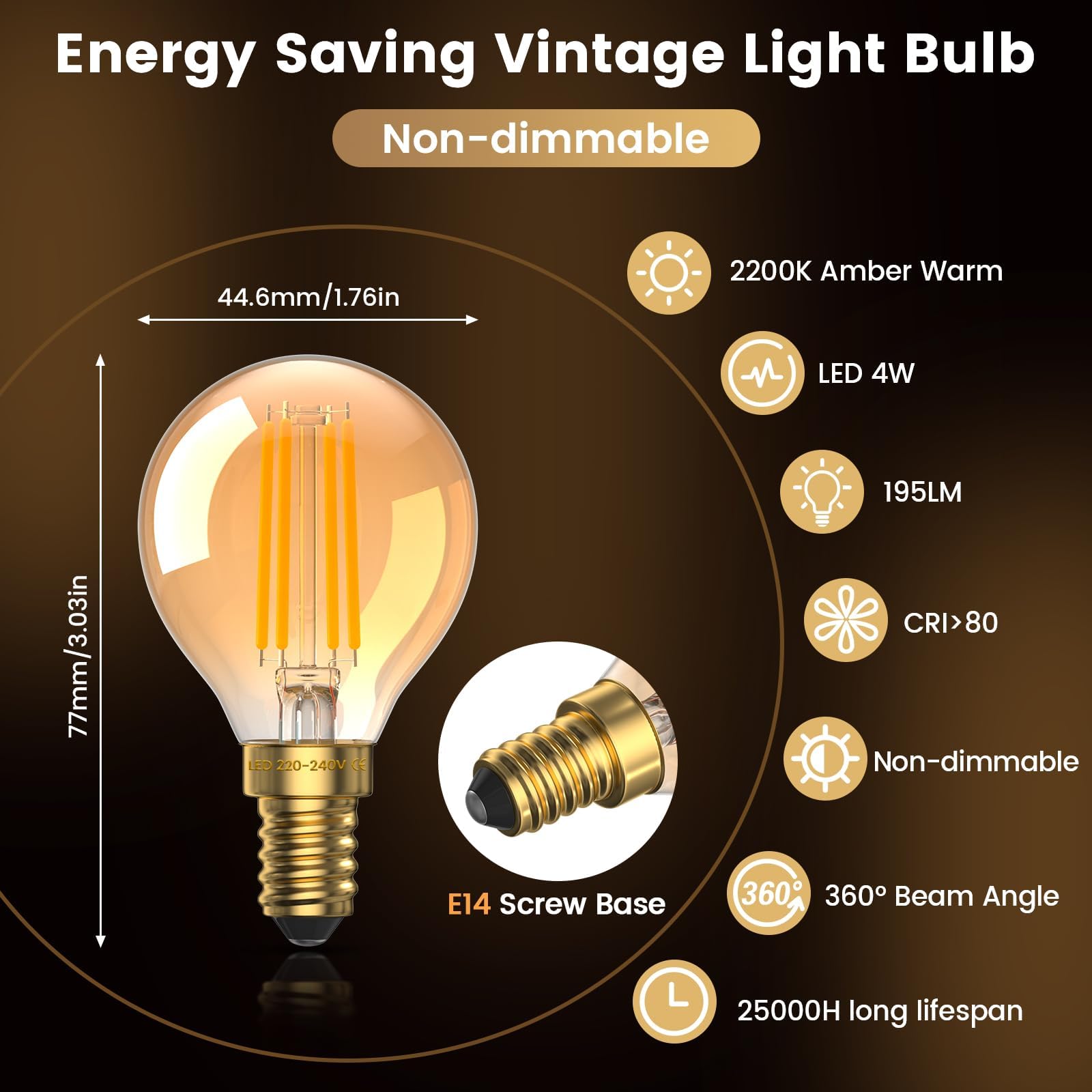 Bonlux Vintage E14 LED Light Bulb Warm White 4W Amber 2200K, Small Edison Screw Filament Bulbs, SES G45 Golf Ball Bulb - Image 2