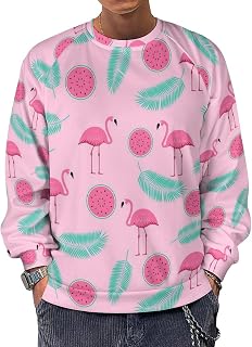 Watermelon Palm Leaf Flamingos Men's Crewneck Sweatshirt Long Sleeve Casual Pullover Sweater T-shirt Lightweight Tops