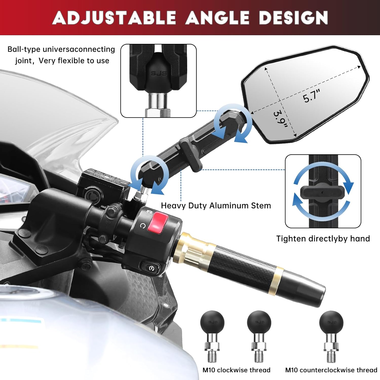 Aluminum Alloy CNC Adventure Bike Mirrors M10*1.25,Motorcycle Mirror Fits RAM B Balls and 7/8"Handlebar,Compatible with KTM 1290 Super Adv,Honda Grom,Kawasaki KLR,Yamaha XT,Suzuki DR & More - Image 3