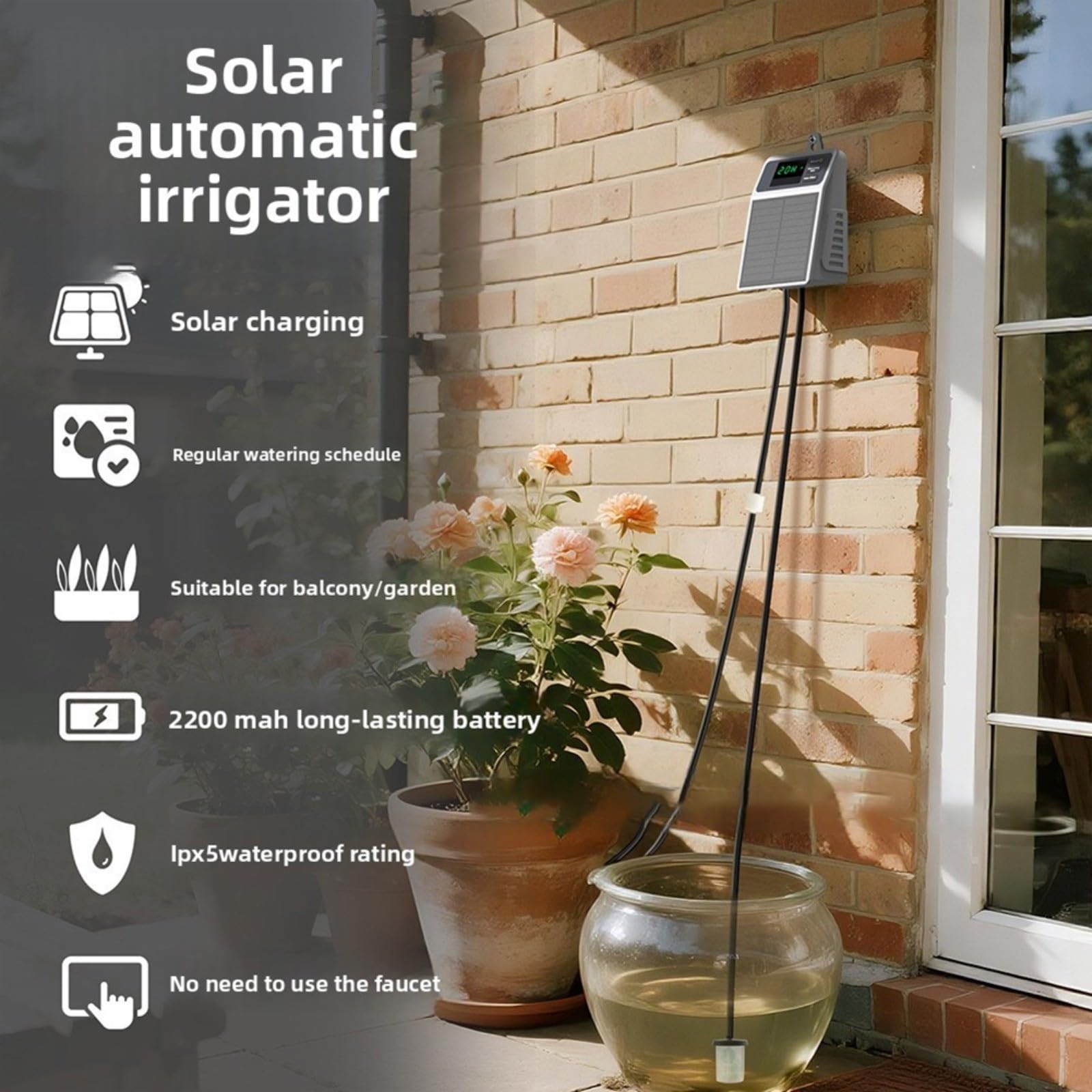 Sistema di irrigazione automatico con ricarica solare, timer USB-C per piante, 2200 mAh per batteria, impermeabile IPX5, frequenza e durata regolabili, per 10-15 vasi, per interni ed esterni, giardino