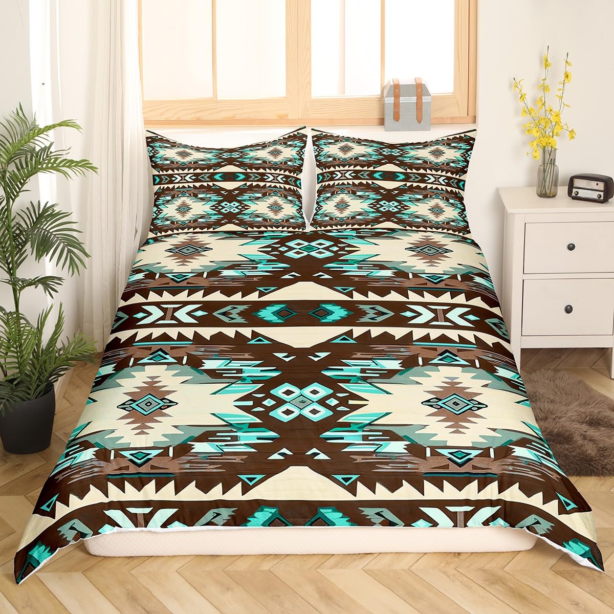 Loussiesd Yellow Black Southwestern Bedding Duvet Cover Set Double Size Geometric Bedding Set Tribal Western Decor Native American Design Comforter Cover Set Stripe Line Bedspread Cover(No Comforter)