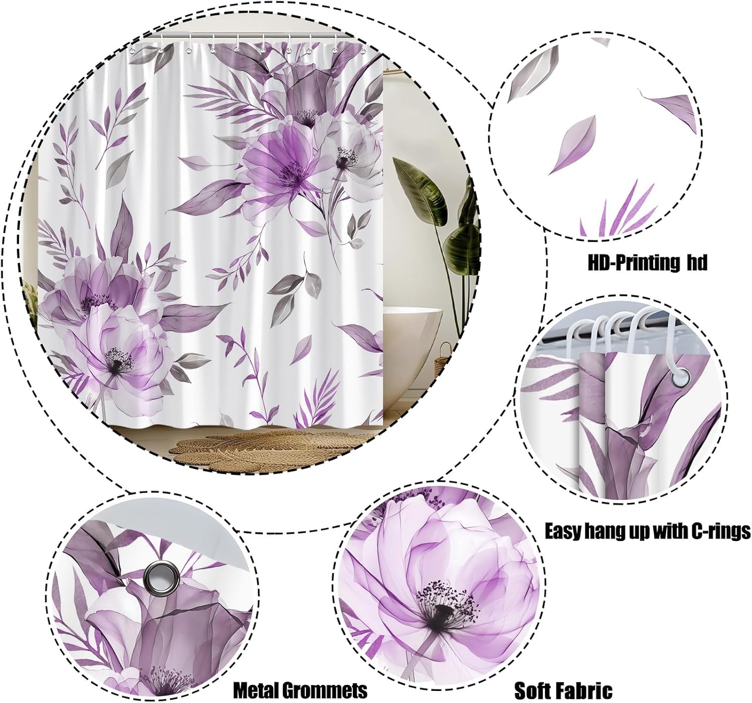 Purple Floral Shower Curtain Rustic Farmhouse Boho Flower Watercolor Ink Painting Blossom Chic Elegant 70" Wx96 H Bathroom Decor Curtain with Hooks