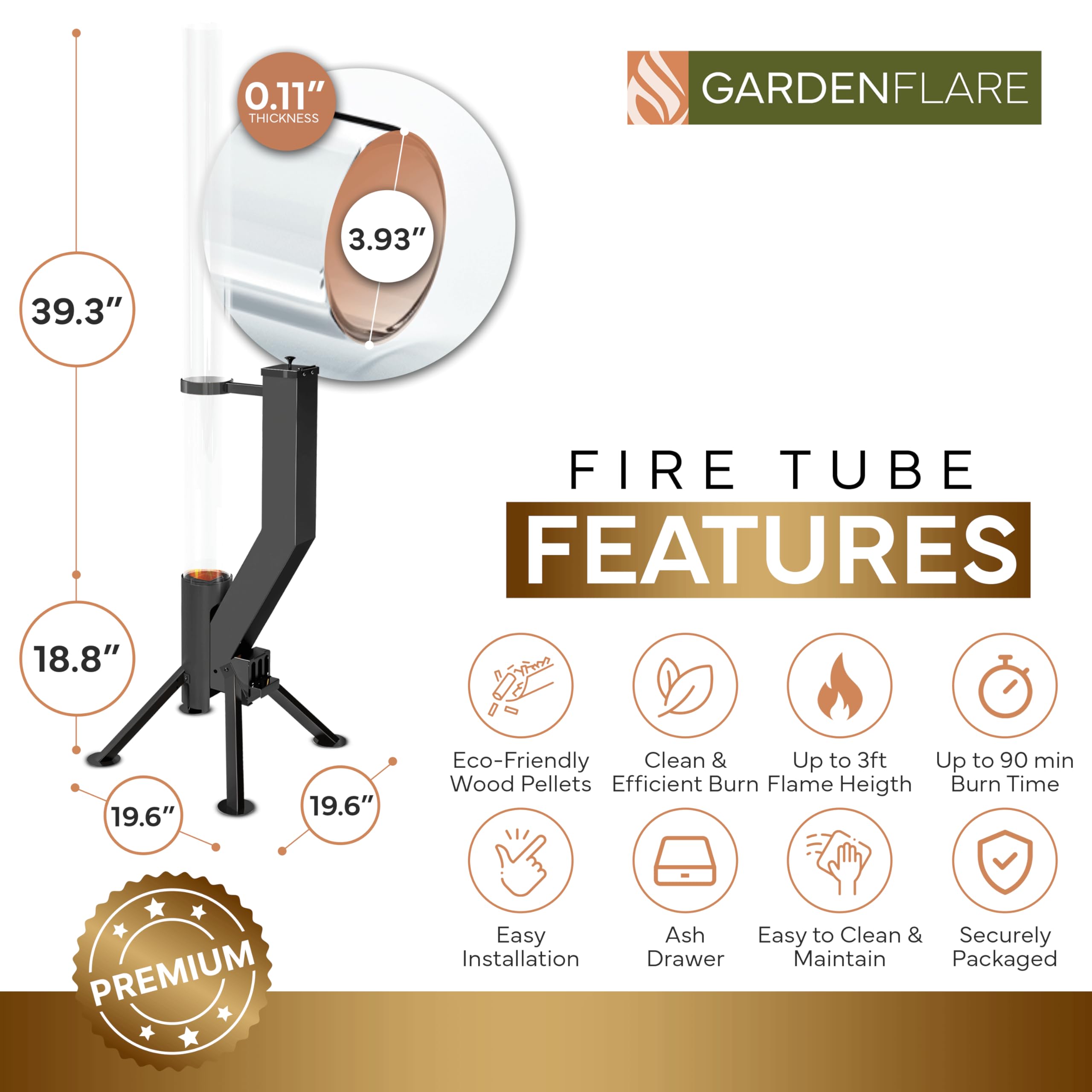 GARDENFLARE Tubo del fuoco di qualità superiore - Grande fiaccola a pellet in acciaio inossidabile con fiamma fino a 1,5 m e spazzola di pulizia inclusa, braciere per giardino e terrazza - Fuoco