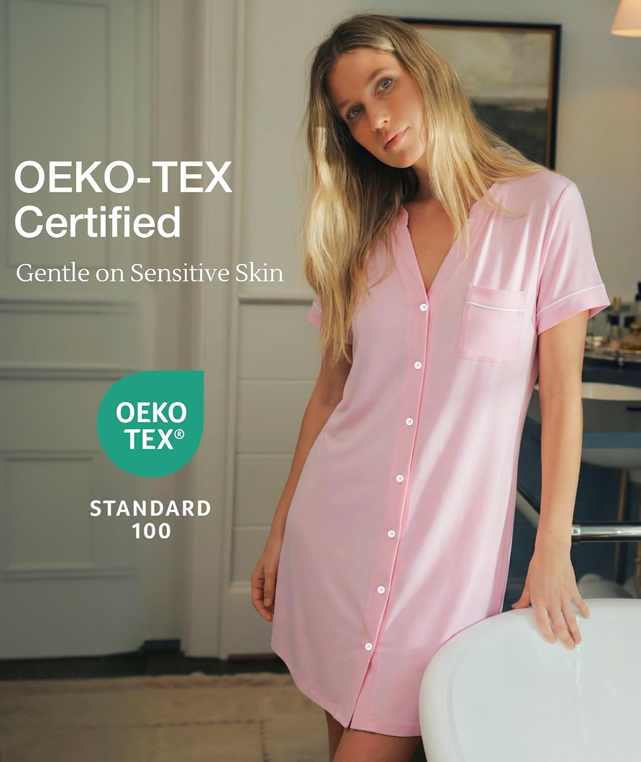 GYS Bamboo Viscose Nightgowns for Women Soft Button Down Short Sleeve Summer V Neck Sleep Dress