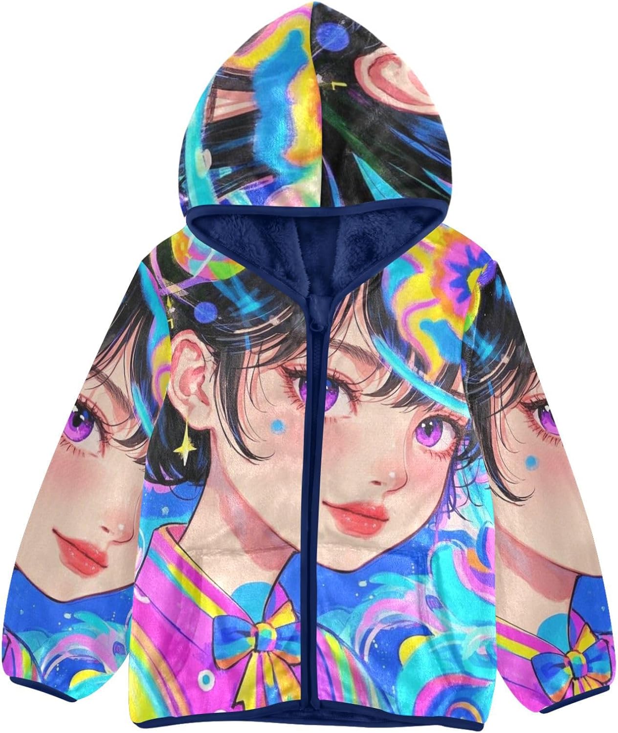 Colorful Cartoon Beauty Toddler Fleece Jacket with Hood Children Coat Navy Blue Baby Zipper Hoodie