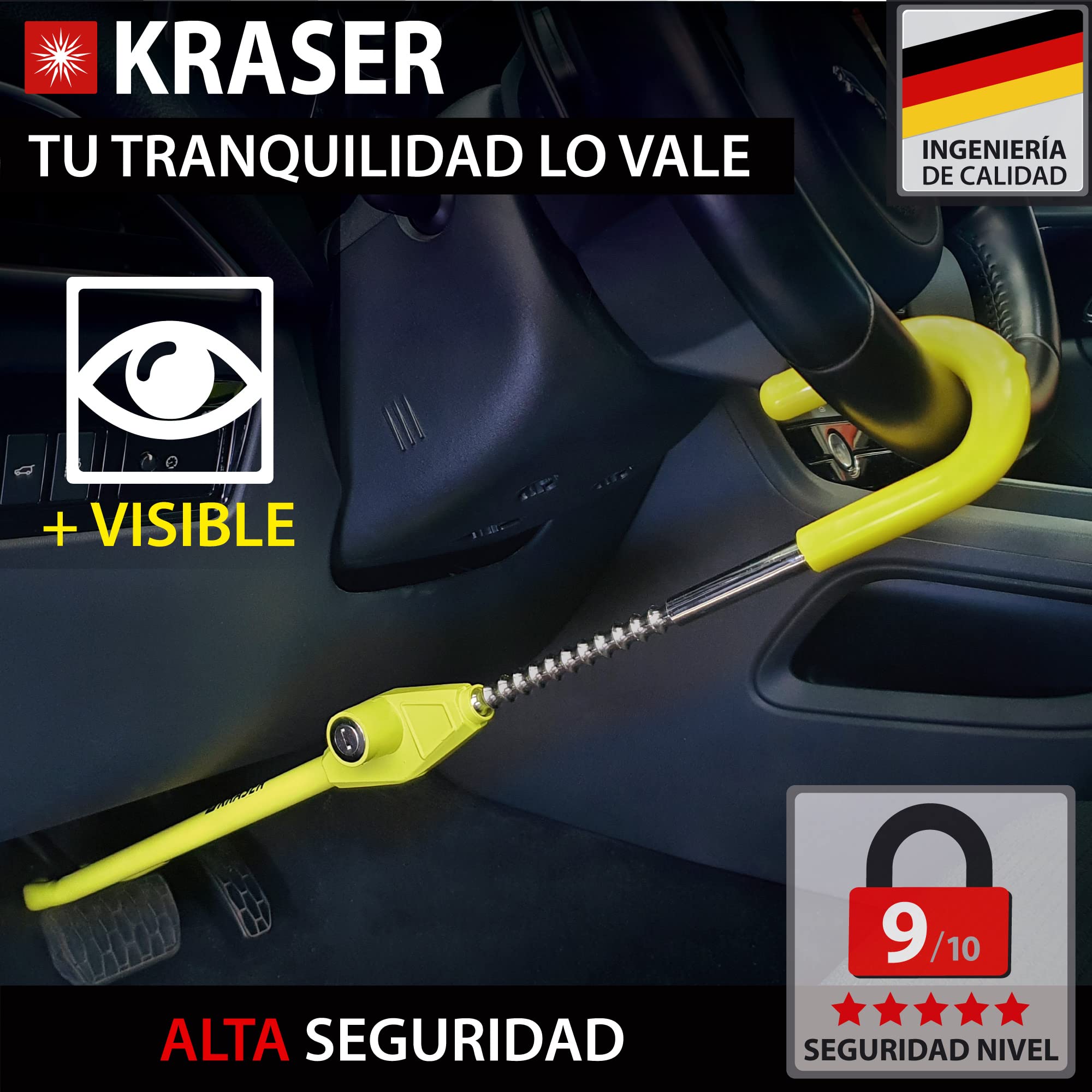 KRASER KR835 Antirrobo Coche Volante Pedal, Barra Amarilla Alta Visibilidad, Cierre Seguridad en Acero, Ajuste Gancho Más Extensible, Cepo Coche Universal Autocaravana Furgoneta
