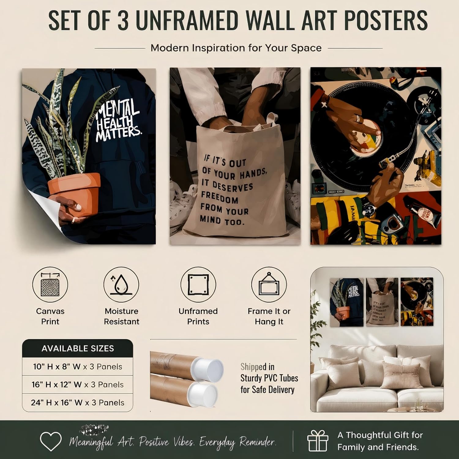 Black Men Wall Art Set of 3 Fashion African American Black Man Poster Prints Record Music DJ Painting Pictures Wall Decor Mental Health Artwork for Living Room Bedroom Decoration