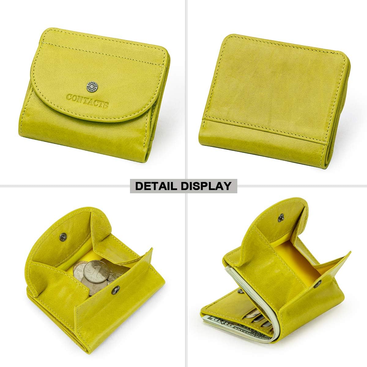 CONTACTS Real Leather Casual Business Mini Coin Purse for Women/Mens Pocket Bifold Wallet Card Holder Small Clutch (Yellow) - Image 5