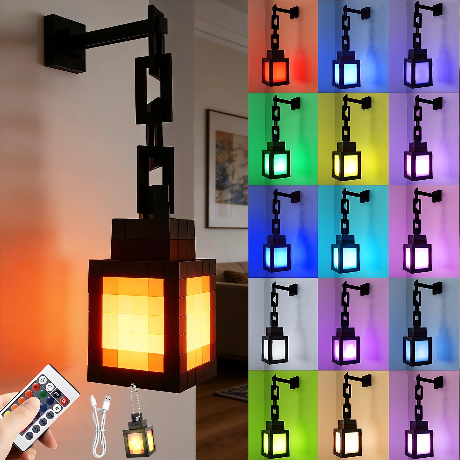 3D Pixel Lantern 16 Colors Rechargeable Night Light, LED Mood Lamp with Orange Light Lantern Keychain, Touch Switch & Remote Control, Wall Mounting Lights for Game Room Decor[Energy Class A]