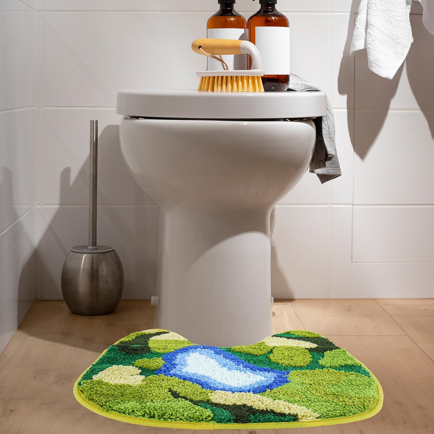 FYSUIMU Cute Moss Lake Bathroom Rug U Shaped Toilet Rug Soft Tufted Bath Mat Non Slip Washable Floor Mat for Home Hotel Bathroom Restroom Decor