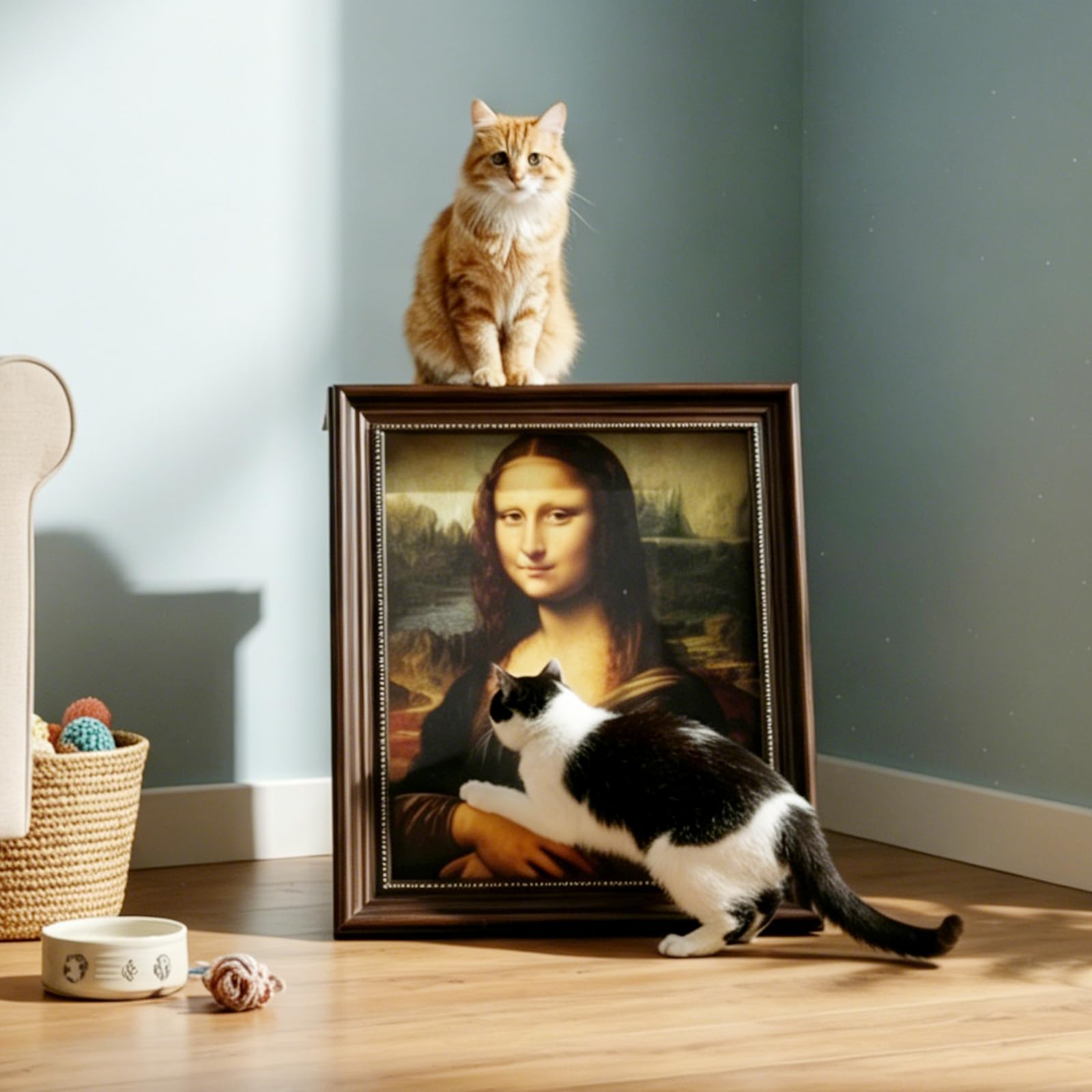 Mona Lisa legowisko dla kota – obraz olejny 4D - drapak dla kotów domowych, półokrągłe i podłokietniki, kartonowy domek dla kotów, nowość prezent dla kocich łap