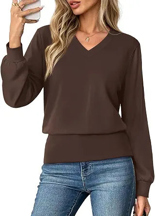 OFEEFAN Women's Long Sleeve V-Neck Top with Elastic Waist