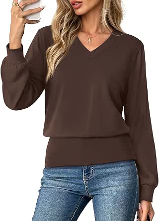 OFEEFAN Women's Long Sleeve V-Neck Elastic Waist Top
