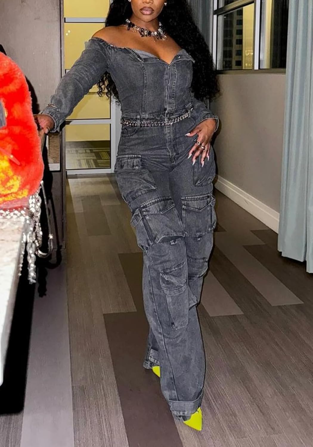 LETSVDO Denim Jumpsuit for Women Sexy Long Sleeve Off Shoulder Cargo Wide Leg Jean Romper(for Club,Going Out,Party) - Image 2