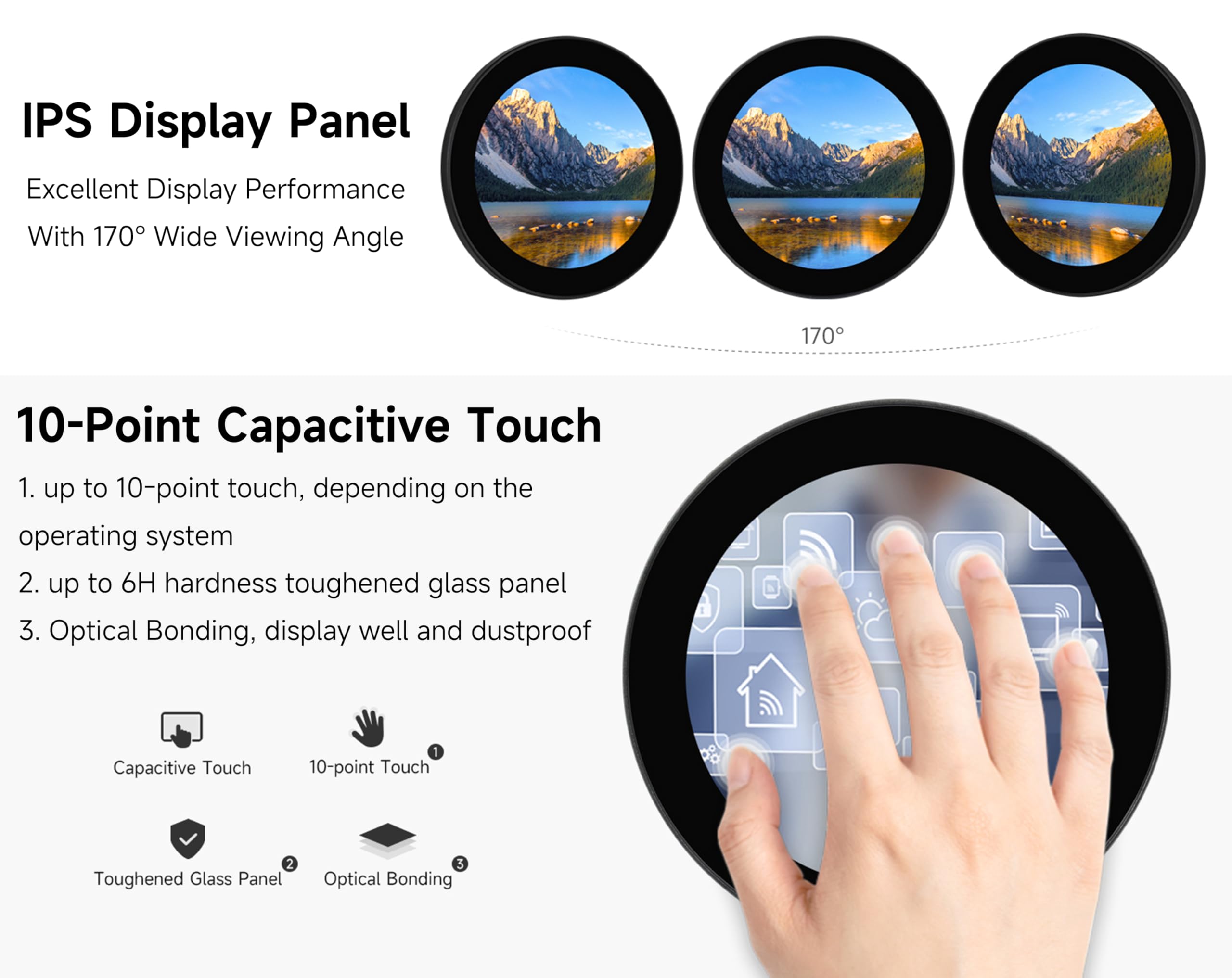 3.4inch DSI Round Capacitive Touch Display, 800 × 800 Resolution, IPS Display Panel, 10-Point Touch/Adjustable Brightness Via Software/Support Touch Screen Customization