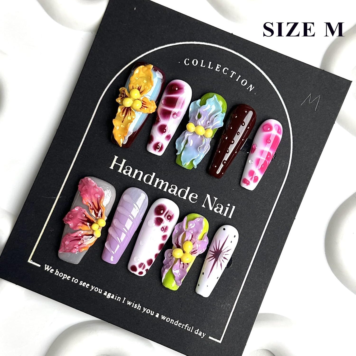 Handmade Press On Nails Long Multicolor 3D Carving Flowers Design 10pcs Hand painted Smudging Glue On Acrylic Fake Nails
