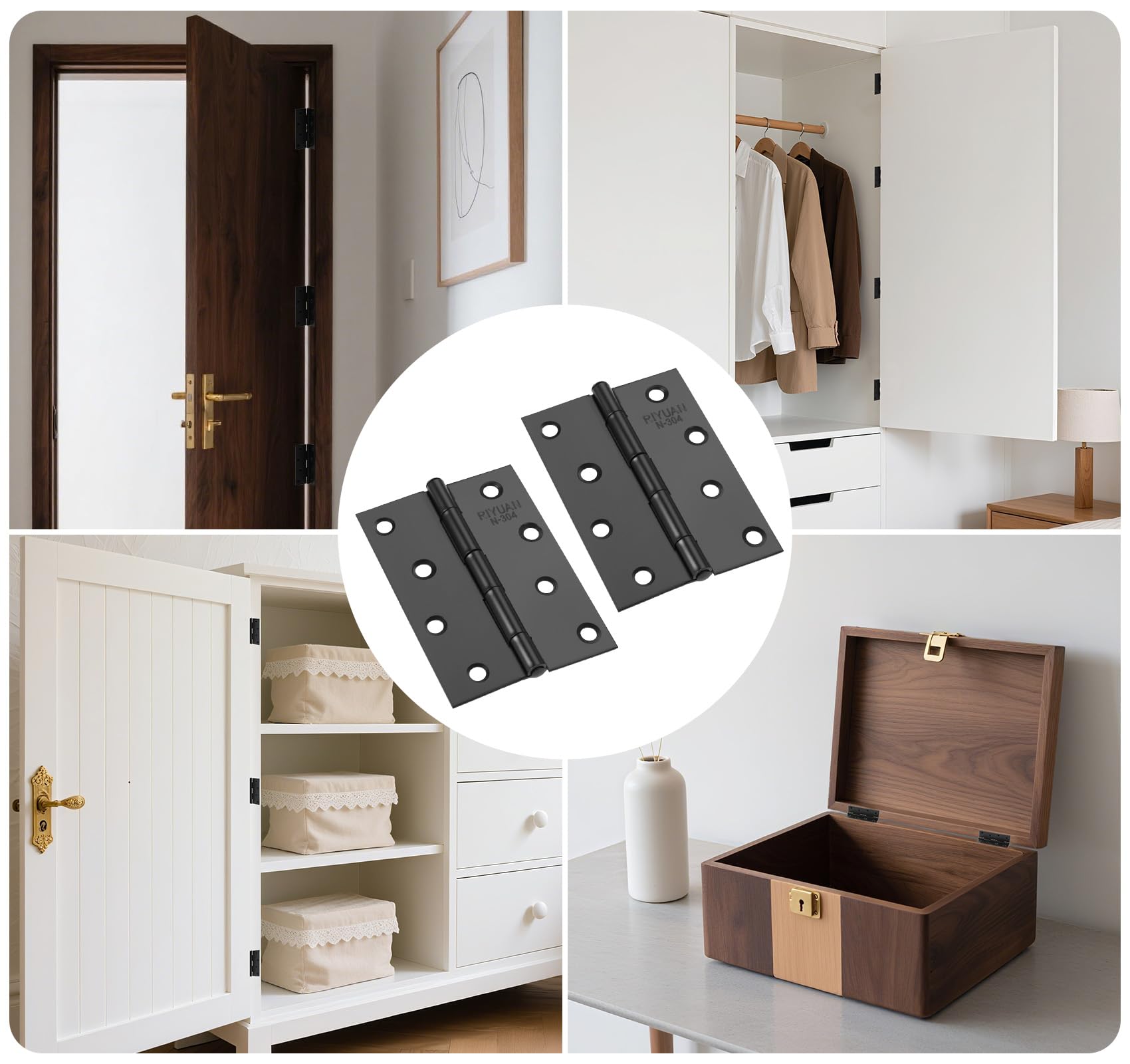 Anstore 4 sztuki zawiasy duże obciążenie 100 x 70 mm czarne zawiasy ze stali nierdzewnej | Zestaw 4 czarnych zawiasów drzwiowych 270° ze stali nierdzewnej 304. 8-otworowa konstrukcja do dużych obciążeń z 48 śrubami.