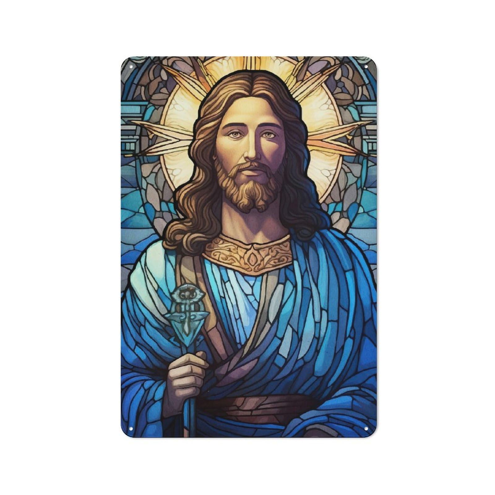 Junmoney Stained Glass Style Jesus Retro Tin Sign 30X20cm For Garage Or Workshop, For Furnishing A New Garage And Workshop With Retro Decor