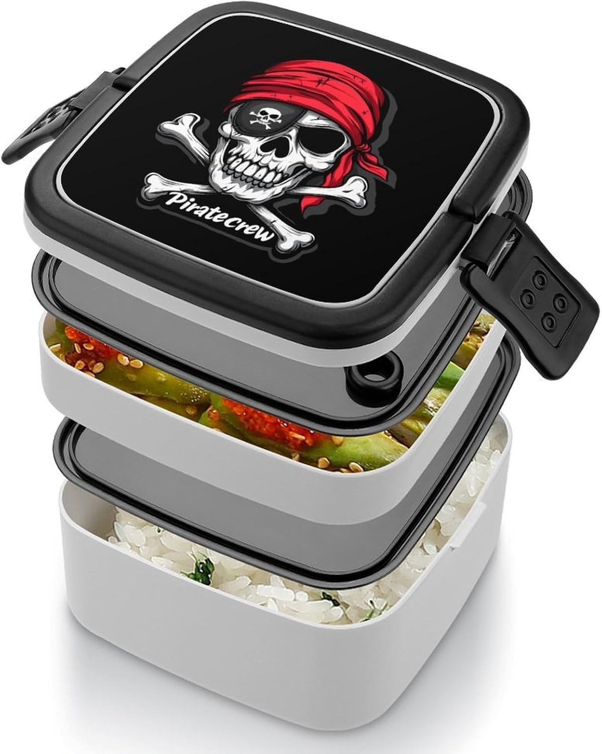 Piratecrew Jolly Roger Flag Skul Bento Box with Spoon 2 Layer Food Container Cute Lunch Box for Travel Dining Work