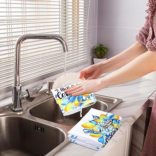 Miniatura 2 de Kajaia 6 paños de cocina de limón de 15.8 x 23.6 pulgadas, toallas de mano de limón amarillo a cuadros de búfalo azul, paño de cocina decorativo