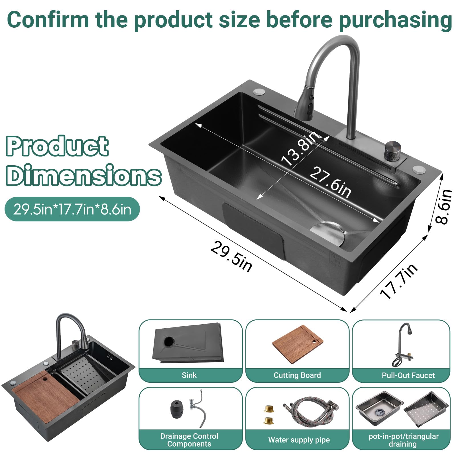Fregadero de cocina de 30 pulgadas con grifo combinado de cascada negro, fregadero de cocina de cascada de acero inoxidable, encimera de cocina, multifuncional, montaje inferior o encimera, fregadero