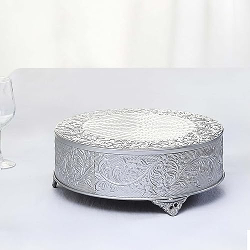 Efavormart - Soporte redondo de metal en relieve plateado de 14 pulgadas para tartas, para boda, fiesta de cumpleaños, postre, pasteles, pedestal