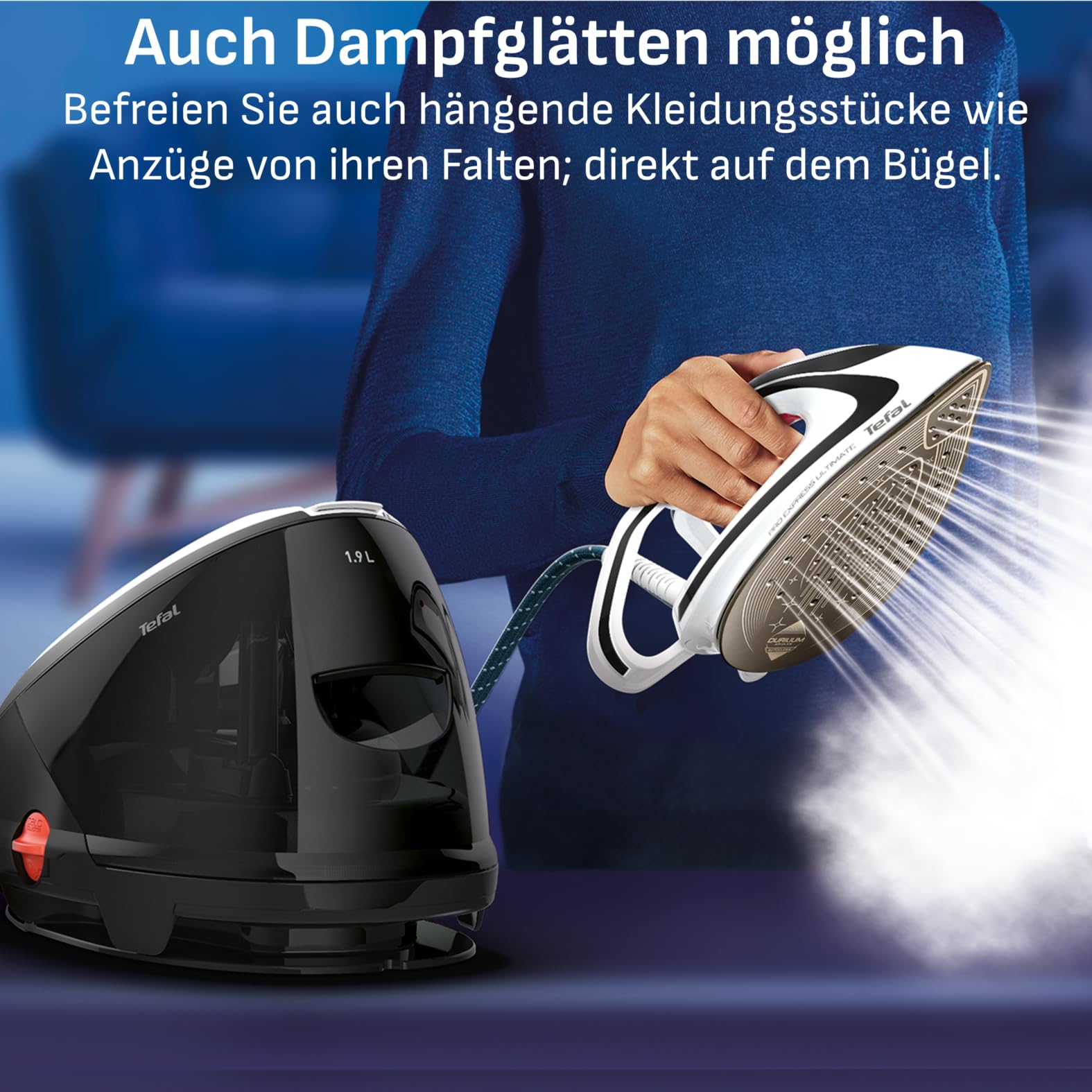 Tefal Pro Express Ultimate Dampfbügelstation, starker 8-Bar-Druck, Dampfstoß: 520 g/Min., 1,9 L Wassertank, Antikalk-Kollektor, Anti-Tropf-System, Bügeleisen Dampfstation, schwarz/weiß, GV9550